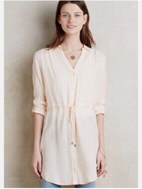 Anthropologie HD Paris Carmina Tunic Shirt Dress Small Ivory Roll Sleeve Size M